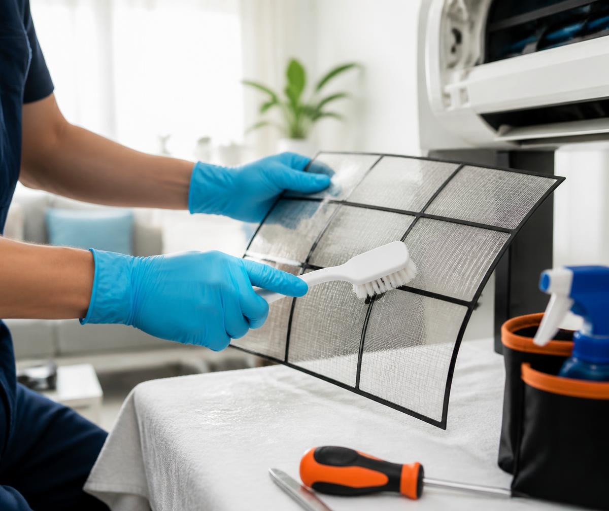 Technician cleaning an air conditioner filter during general servicing